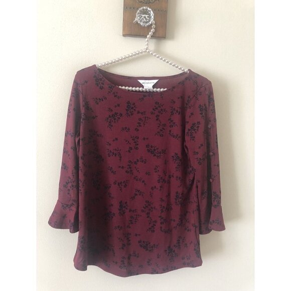 Liz Claiborne Tops - NWT Liz Claiborne Size Small Burgundy Floral Top 3/4 Sleeve Button Trim